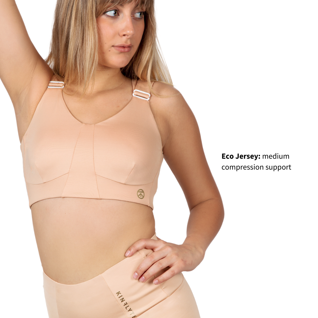 Posture Support Bras. This collection features medium compression posture bras and posture correcting bras. Kinflyte's Eco Jersey posture bras are medium compression posture bras, which include medium support sports bra, medium impact sports bra. 