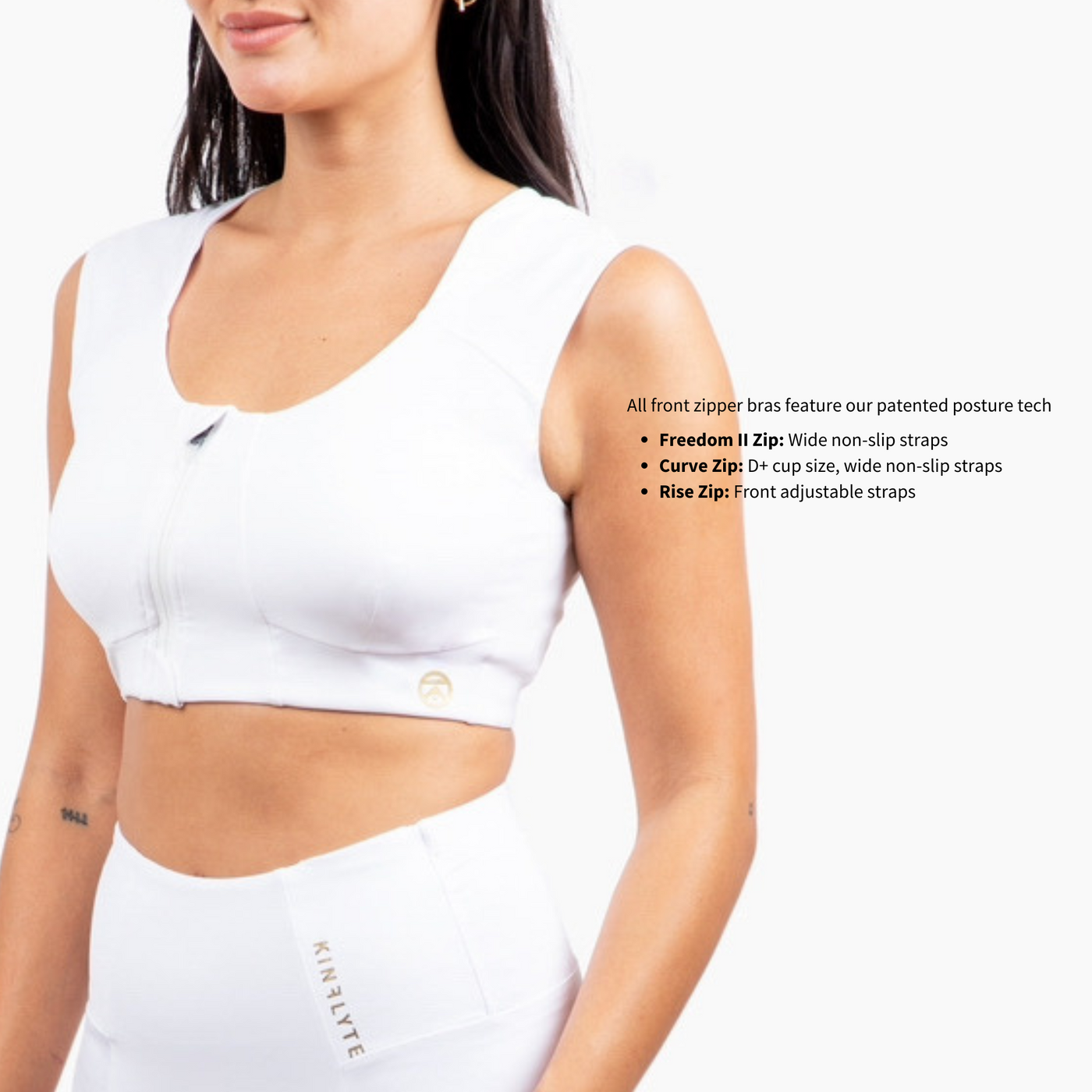 All front zipper bras feature our patented posture tech. Available in Eco Jersey (medium compression) and Max Support (higher compression)