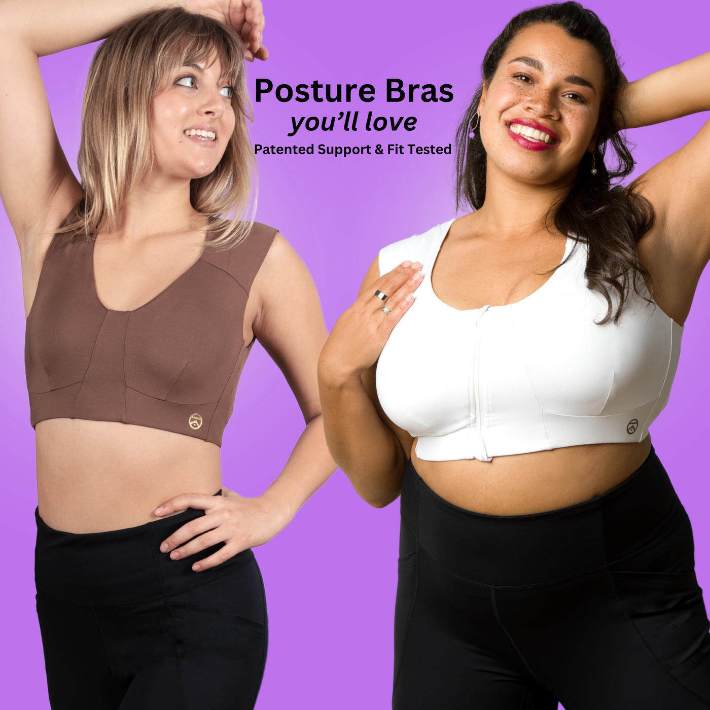 Most inclusive posture bras with sizes XS to 7XL.  Kinflyte's line of patented posture bras are posture corrector sports bra. Comfortable posture corrector bras deliver shoulder support, back support, targeted compression