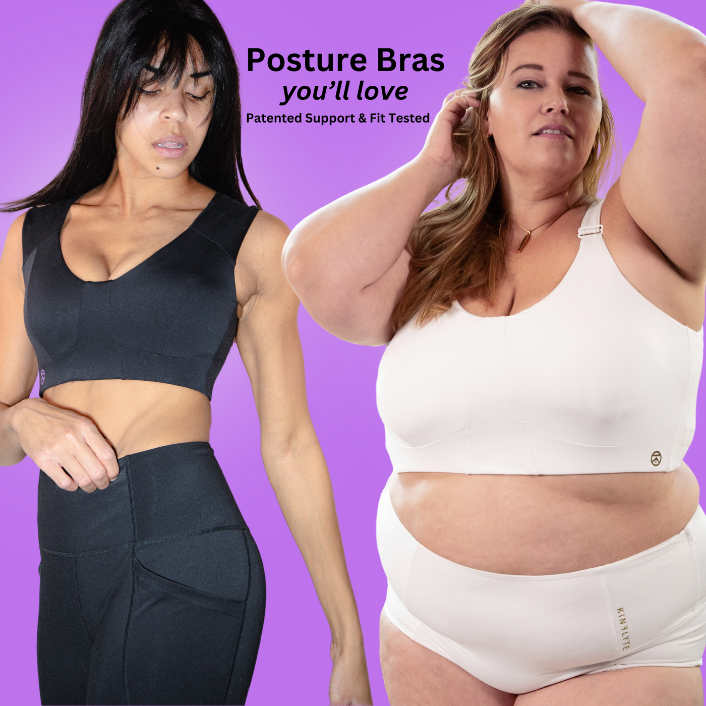 Most inclusive posture bras with sizes XS to 7XL.  Kinflyte's line of patented posture bras are posture corrector sports bra. Comfortable posture corrector bras deliver shoulder support, back support, targeted compression