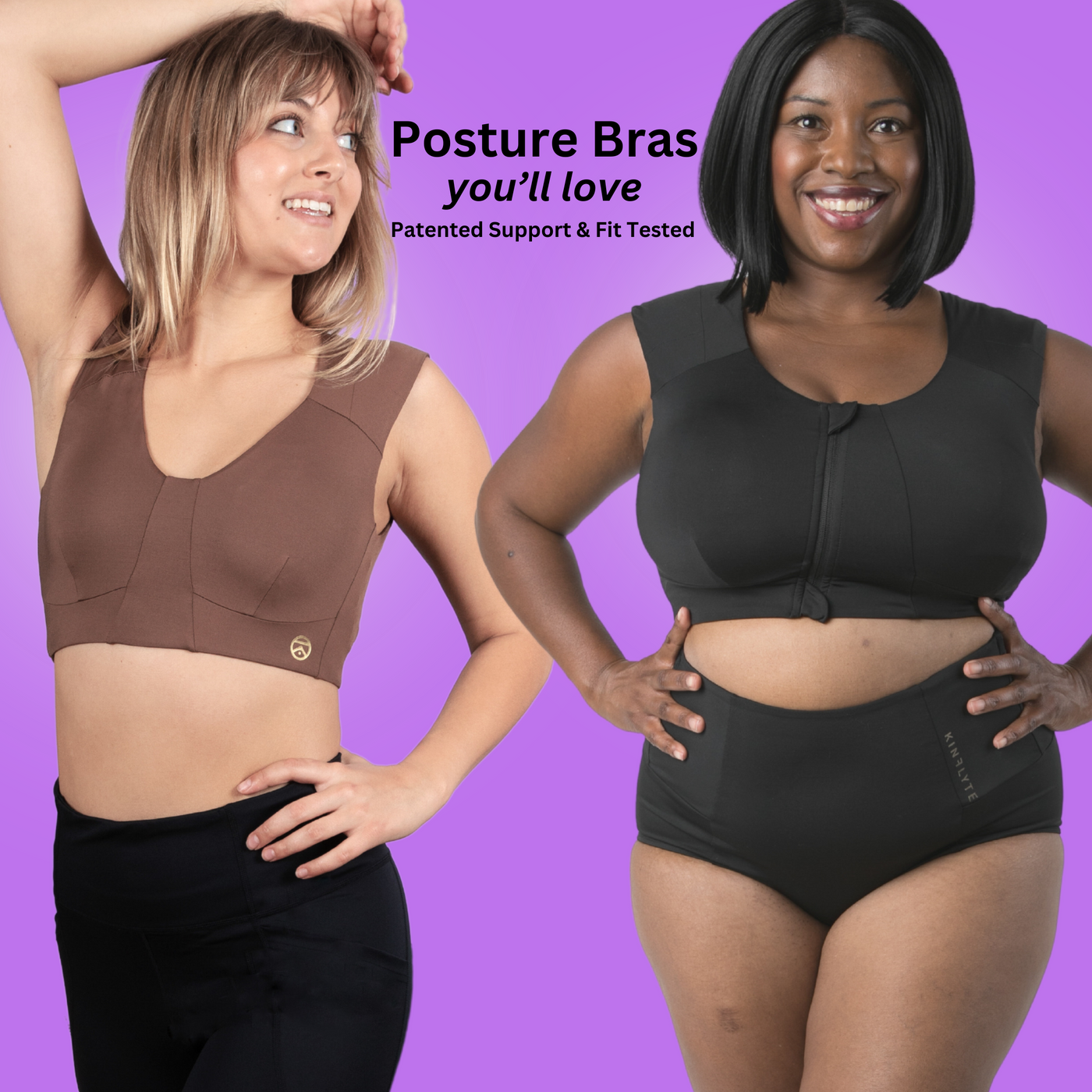 Kinflyte''s posture bra is a patented posture sports bra. This posture correcting sports bra for shoulder support, back support, targeted compression