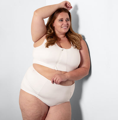 Model wearing 4XL in Freedom II Zip Bra - Eco Jersey, best posture bras for plus size women